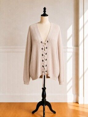 4/$15🟢•Miracle Women's Lace-Up Cream Sweater